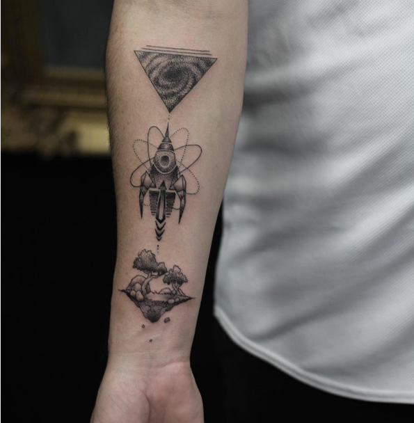 Space and science themed forearm piece by Niko Vaa