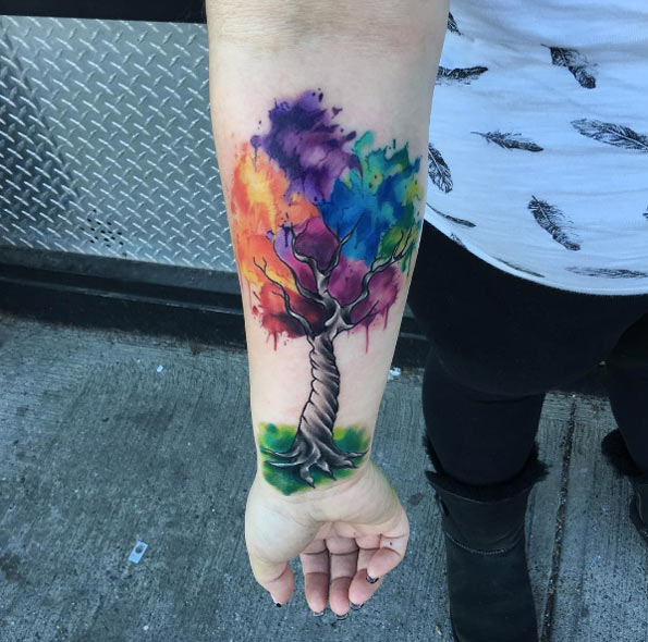 Watercolor tree tattoo by Frankie Oneshot