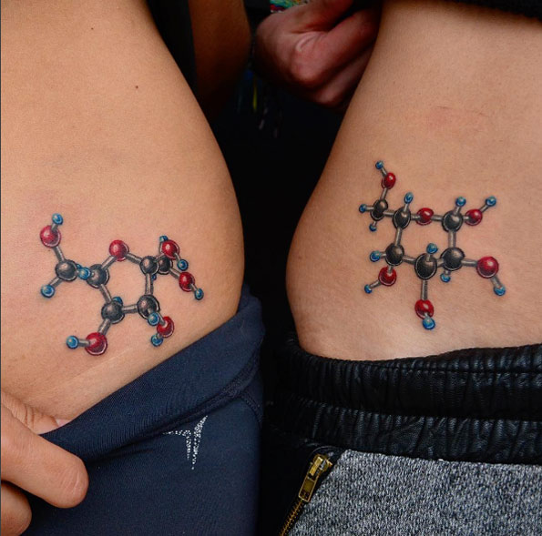 Matching molecule tattoos by Brian Bundlett
