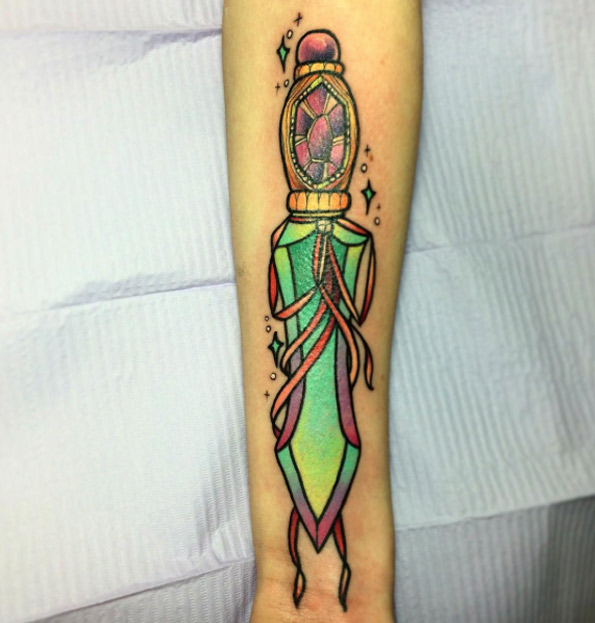 Psychedelic dagger tattoo by Helena Darling