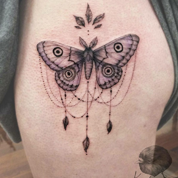 Decorative moth tattoo by Katy Hayward