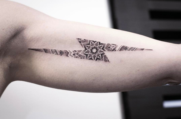 Mandala lightning bolt tattoo by Kristi Walls