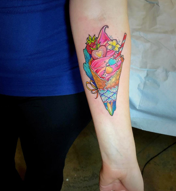 Ice cream cone tattoo by Katie Shocrylas