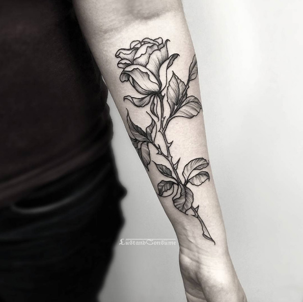 Blackwork rose on forearm by Phil Tworavens