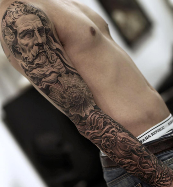 Amazing full sleeve tattoo by Jun Cha
