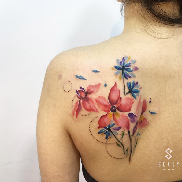Watercolor flowers on back shoulder by Scady Alyona