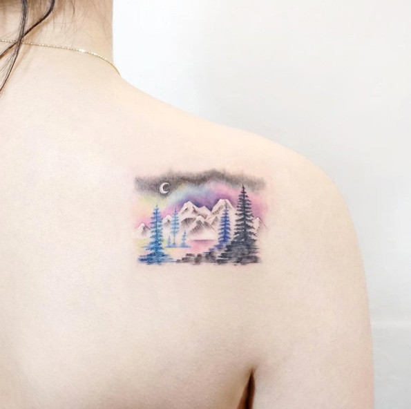 Magical landscape tattoo on back shoulder by Heejae Jung