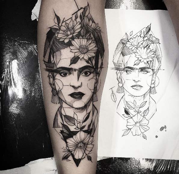 Geometric Frida Khalo tattoo by Fredao Oliveira