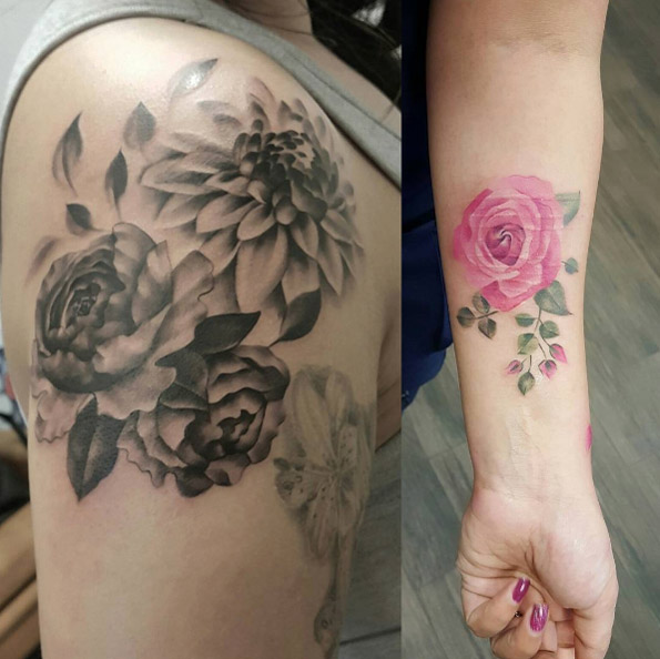 Pink rose scar cover-up tattoo by Jemka
