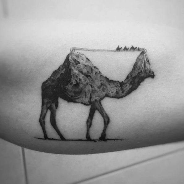 Mountainous camel tattoo by Balazs Bercsenyi