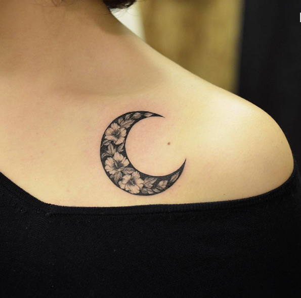 Floral crescent moon by Tattooist Grain