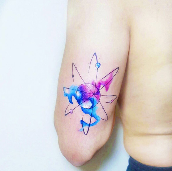 Watercolor atom tattoo by Adana