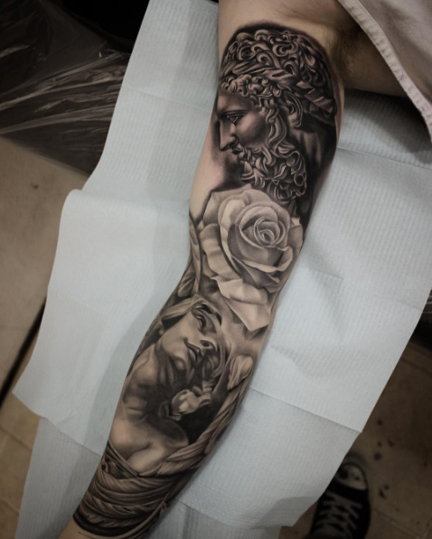 Greek mythology full sleeve tattoo by Shun Tattoo