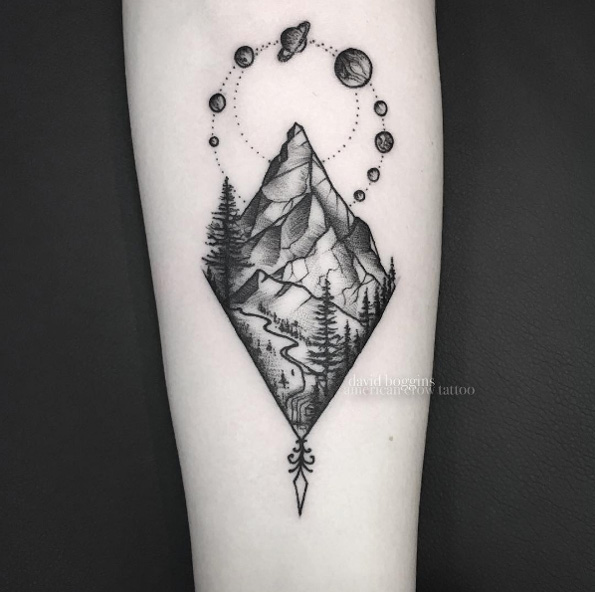 Black and grey ink mountain tattoo by David Boggins