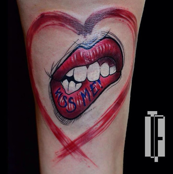 'Kiss Me' lips tattoo by Hamil