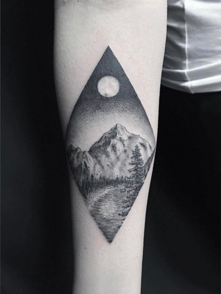 Single needle landscape tattoo by Asa Lee Crow IV