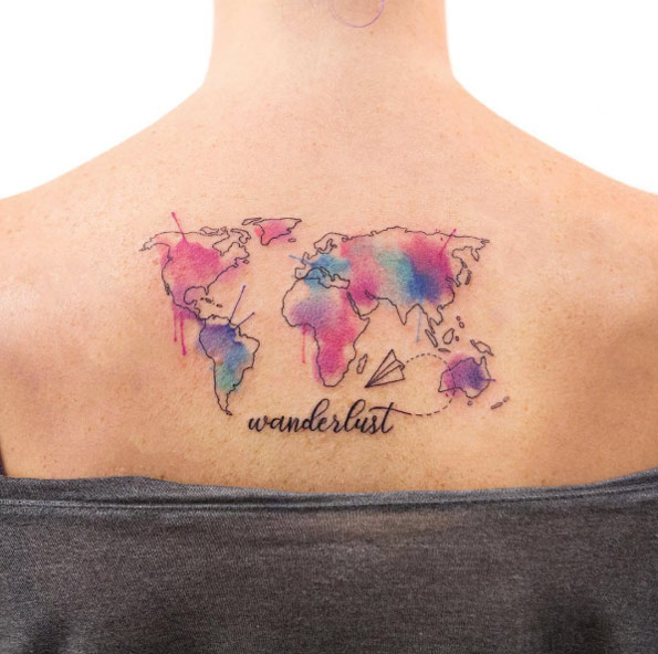 Watercolor travel tattoo by Joice Wang