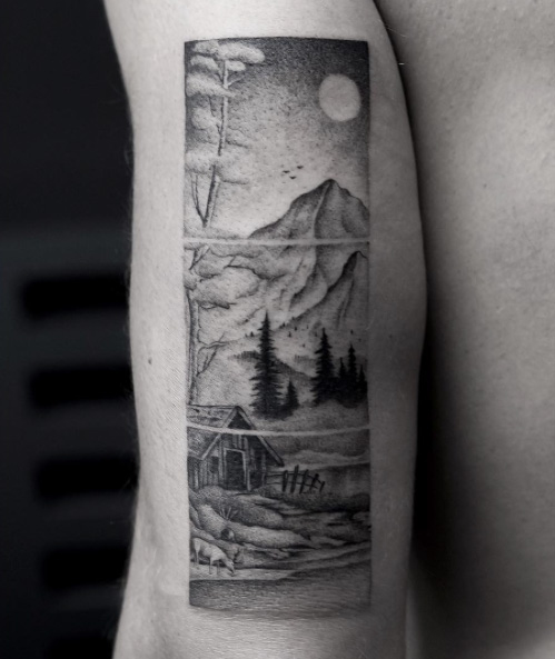 Segmented mountain and landscape tattoo by Balazs Bercsenyi
