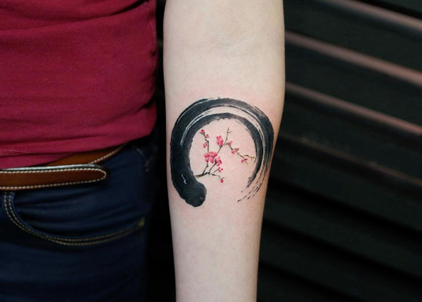 Cherry blossom brush stroke tattoo by Georgia Grey