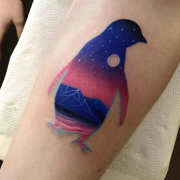Penguin landscape tattoo by Daria Stahp