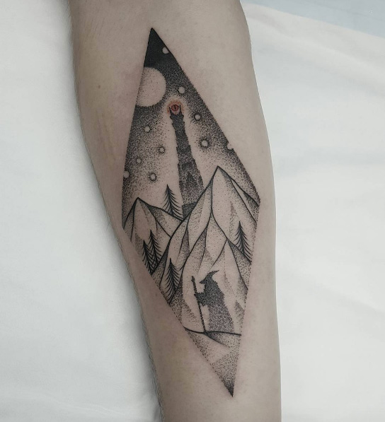Lord of The Rings landscape tattoo by Ben Doukakis