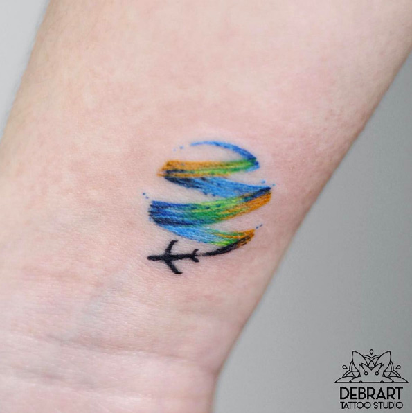 Brush stroke travel tattoo by Deborah Genchi