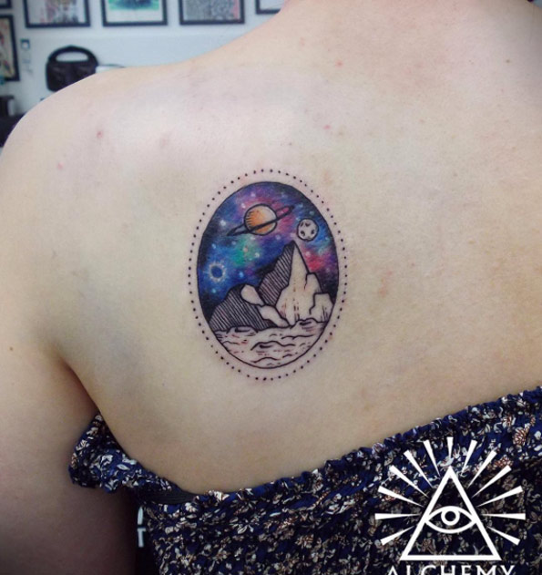 Cosmic back shoulder mountain tattoo by Cynthia Sobraty
