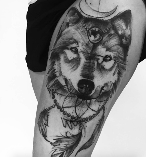 Beautiful dotwork wolf tattoo by Jonas Lima