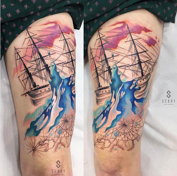 Awesome ship tattoo by Scady Alyona