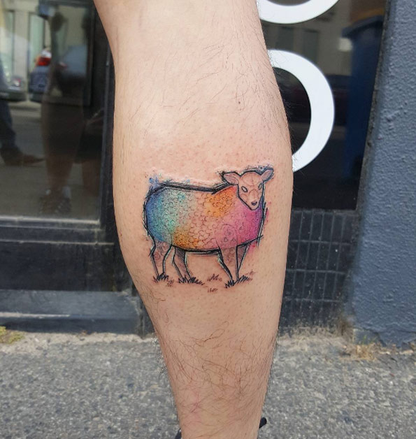 Colorful sheep tattoo by Cynthia Sobraty
