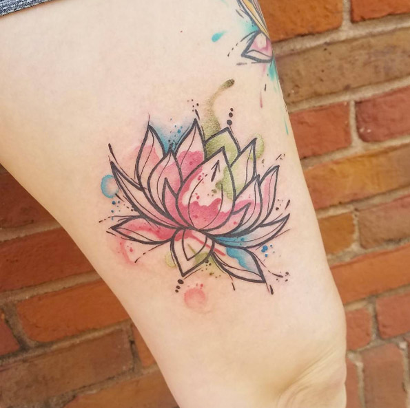 Watercolor lotus flower tattoo by April Ramirez