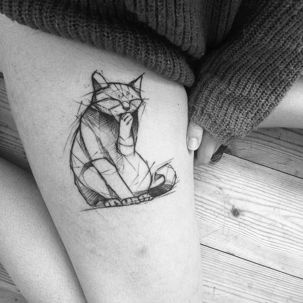 Sketch style cat tattoo by Kamil Mokot