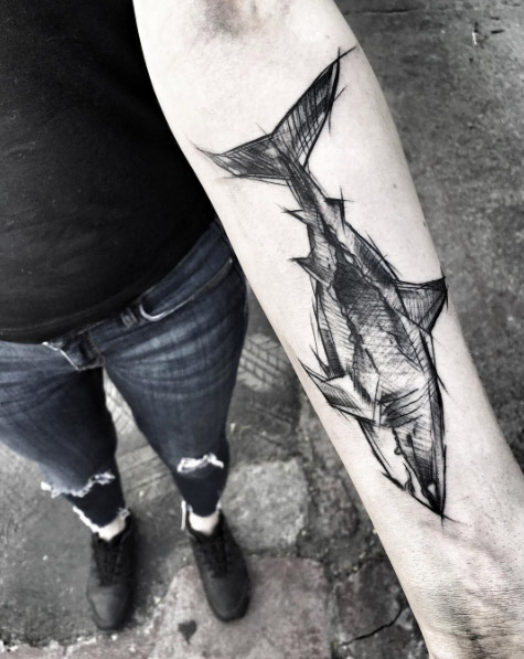 Sketch style shark tattoo by Inez Janiak