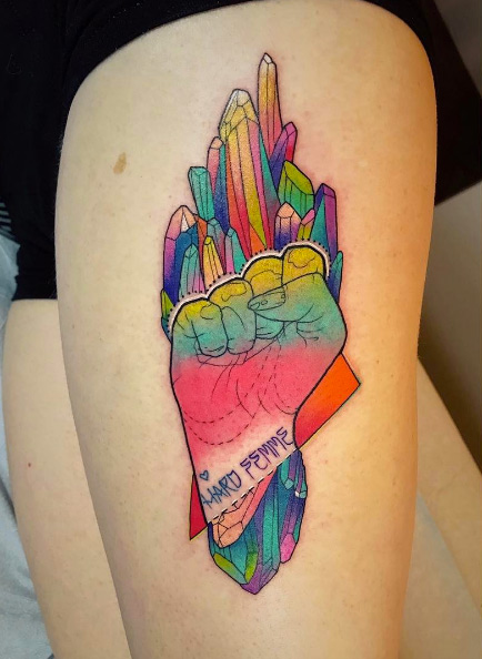 Feminism crystal tattoo by Katie Shocrylas