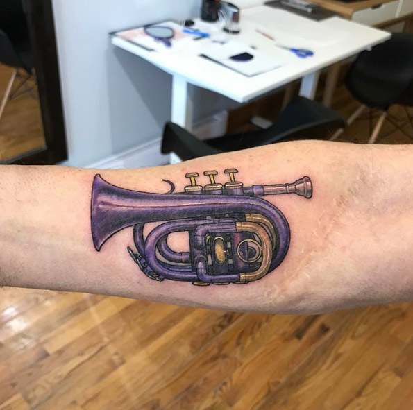 Purple French horn tattoo by Alex