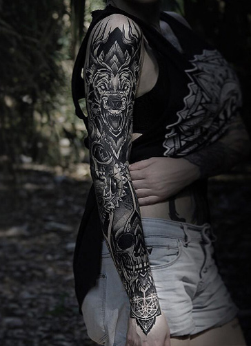 Wolf and skull sleeve by Otheser