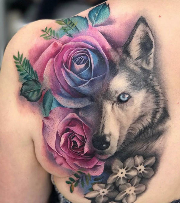 Wolf with roses by Freddie Albrighton