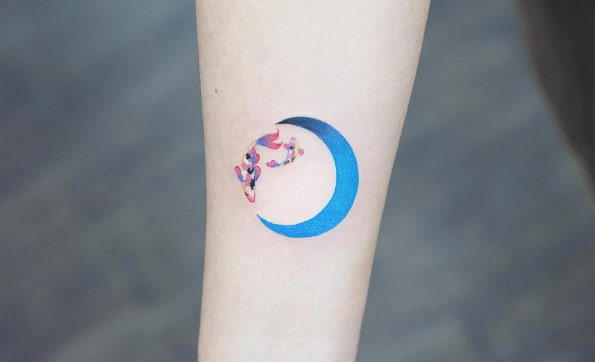 Crescent moon koi fish tattoo by Zihee