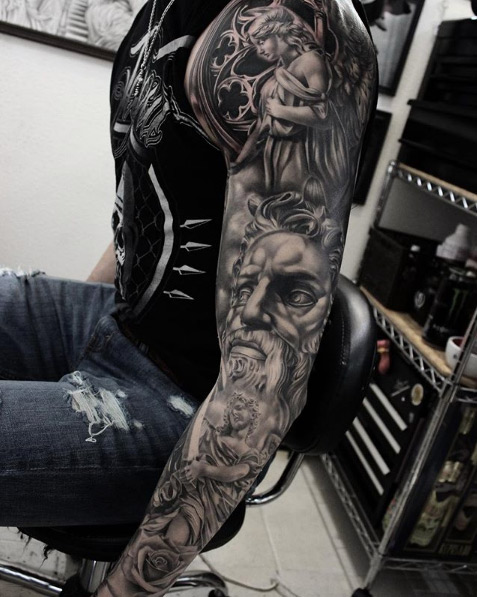 Black and grey ink classical sleeve by Shun Tattoo