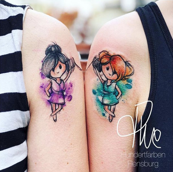 Matching watercolor sister tattoos by Tina Hundertfarben